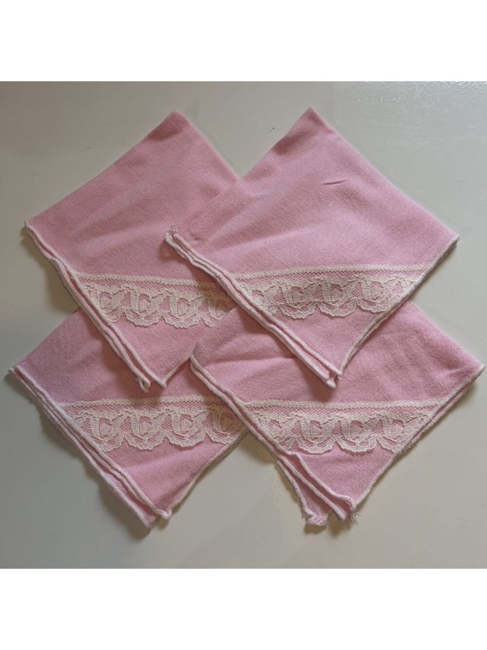 Set 4 Pink Linen Napkins With White Lace Trim Elegant Tea Party Cottagecore - Picture 3 of 13